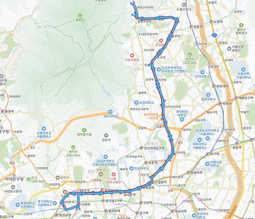 서울 101번 버스 노선 정보(쌍문역-고대앞-광화문)
