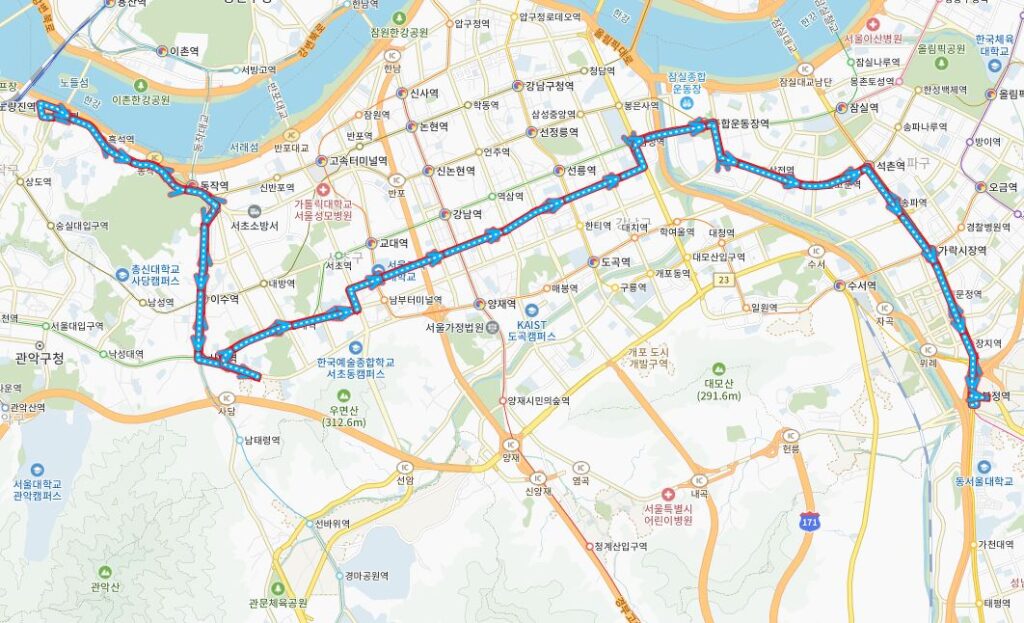 서울 350번 버스노선 시간표 검색(복정역환승센터-삼성역3번출구-노들역)